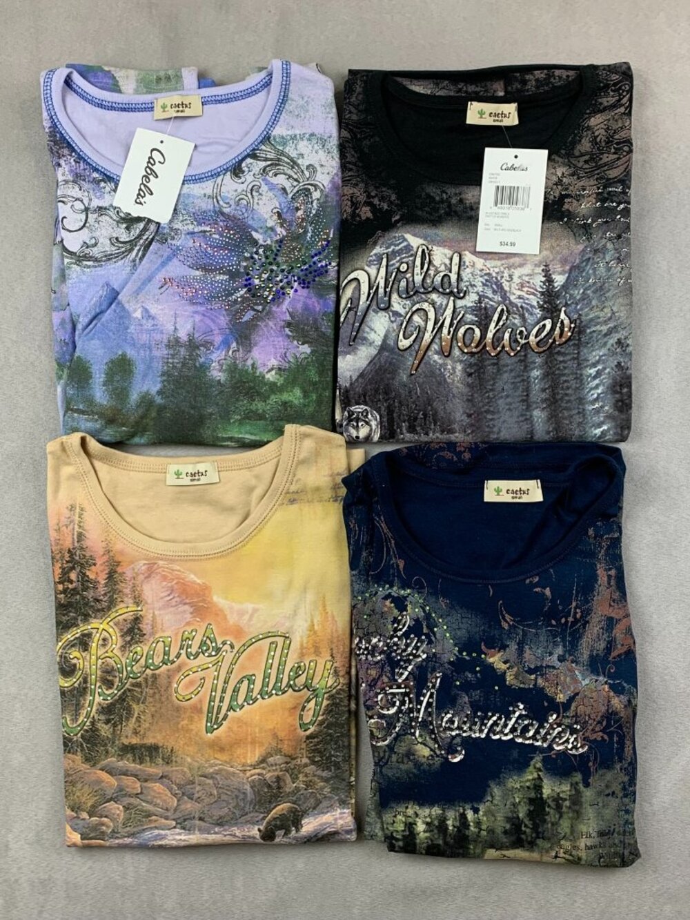 Lot of 4 Cactus Womens Shirts Small 3/4 Sleeve Retro Nature Animals Rhinestones